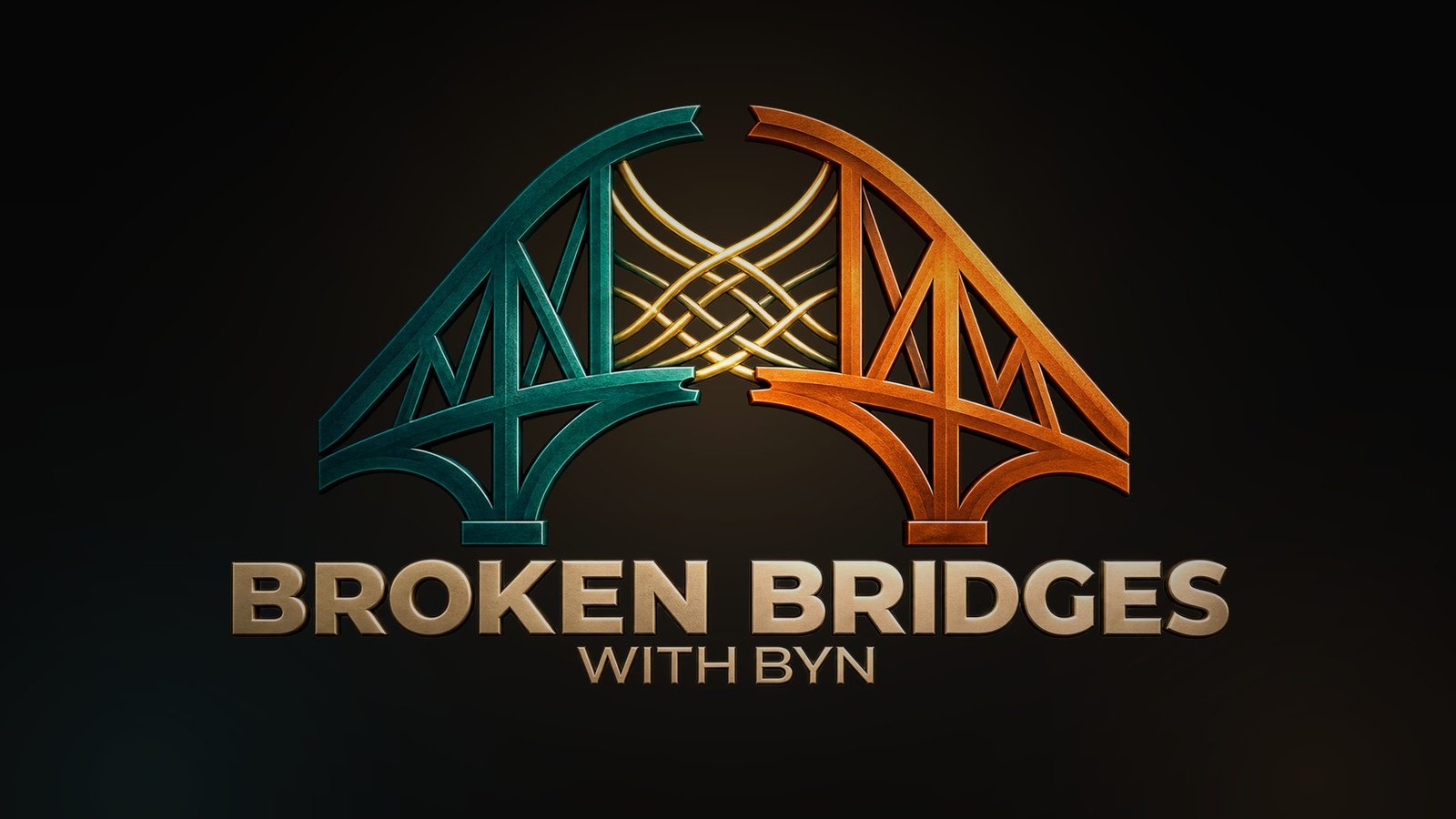 Broken Bridges banner artwork in gold, teal and bronze