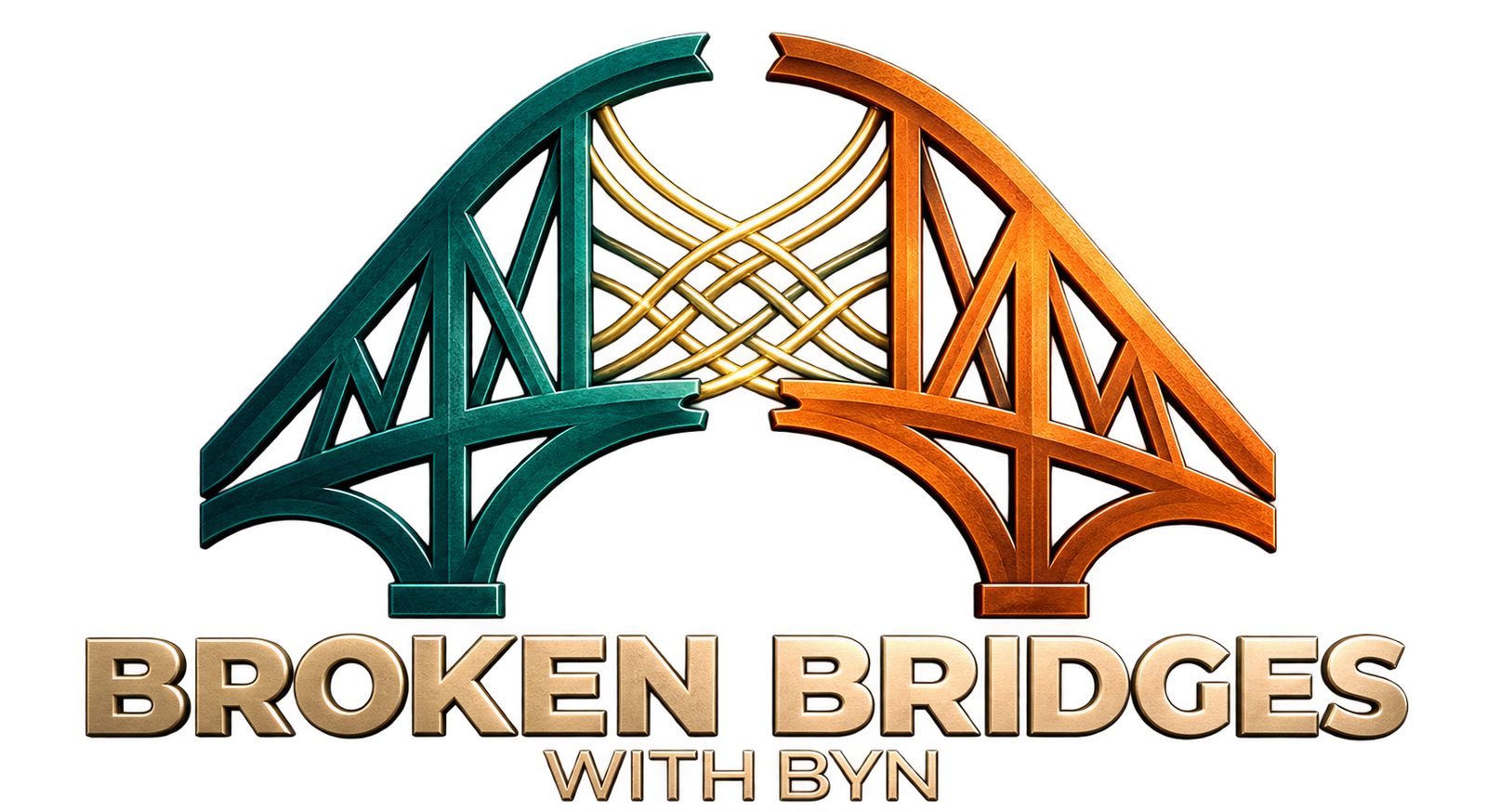 Broken Bridges with Byn logo, showing two separated bridge spans joined by crossing lines